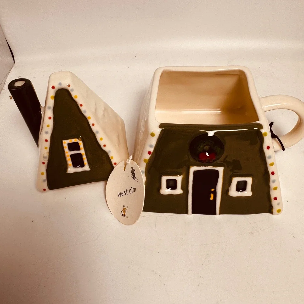 West Elm‎ A-Frame Cabin Mug with Lid Christmas Holiday Ceramic Cottage House New